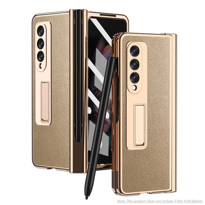 For Samsung Galaxy Z Fold3 5G Electroplated Hinge Pen Slot Lychee Phone Case(Gold) - Galaxy Phone Cases by buy2fix | Online Shopping UK | buy2fix