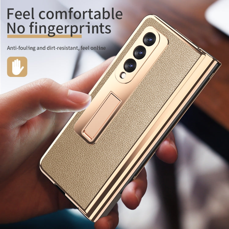 For Samsung Galaxy Z Fold3 5G Electroplated Hinge Pen Slot Lychee Phone Case(Gold) - Galaxy Phone Cases by buy2fix | Online Shopping UK | buy2fix