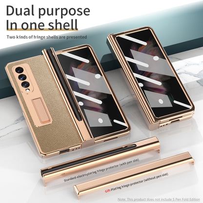For Samsung Galaxy Z Fold3 5G Electroplated Hinge Pen Slot Lychee Phone Case(Gold) - Galaxy Phone Cases by buy2fix | Online Shopping UK | buy2fix