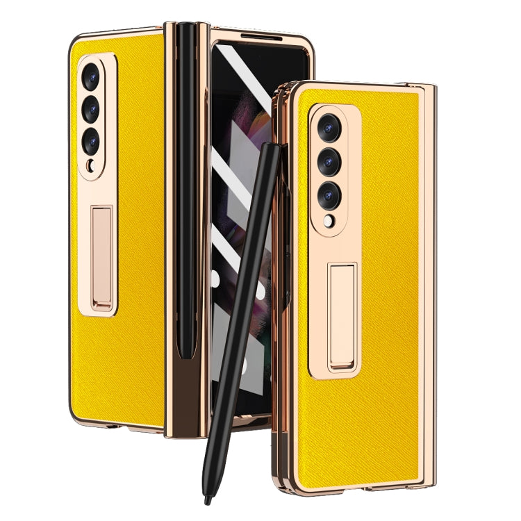 For Samsung Galaxy Z Fold3 5G Electroplated Hinge Pen Slot Cross Phone Case(Yellow) - Galaxy Phone Cases by buy2fix | Online Shopping UK | buy2fix