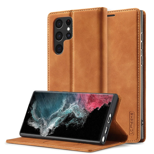 For Samsung Galaxy S22 Ultra LC.IMEEKE Soft PU + TPU Magnetic Skin-friendly Feeling Leather Phone Case(Dack Brown)