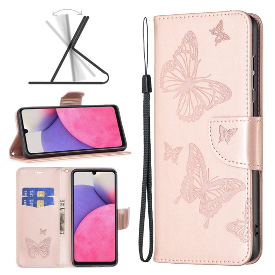 For Samsung Galaxy A33 5G Two Butterflies Embossing Leather Phone Case(Rose Gold)