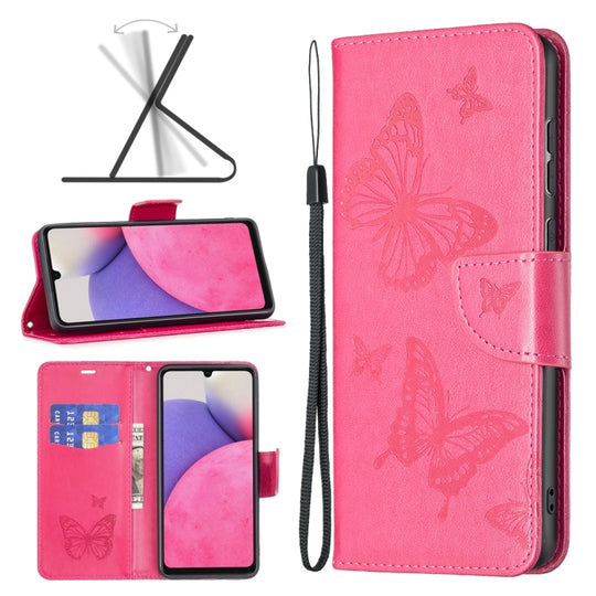 For Samsung Galaxy A33 5G Two Butterflies Embossing Leather Phone Case(Rose Red)