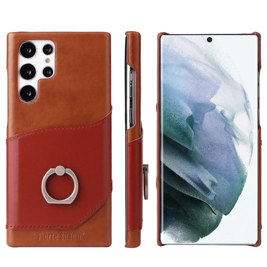 For Samsung Galaxy S22 Ultra 5G Fierre Shann Oil Wax Texture Genuine Leather Back Phone Case with 360 Degree Rotation Holder & Card Slot(Brown) - Galaxy S22 Ultra 5G Cases by FIERRE SHANN | Online Shopping UK | buy2fix