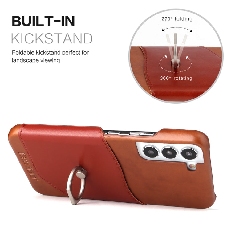 For Samsung Galaxy S22+ 5G Fierre Shann Oil Wax Texture Genuine Leather Back Phone Case with 360 Degree Rotation Holder & Card Slot(Brown) - Galaxy S22+ 5G Cases by FIERRE SHANN | Online Shopping UK | buy2fix