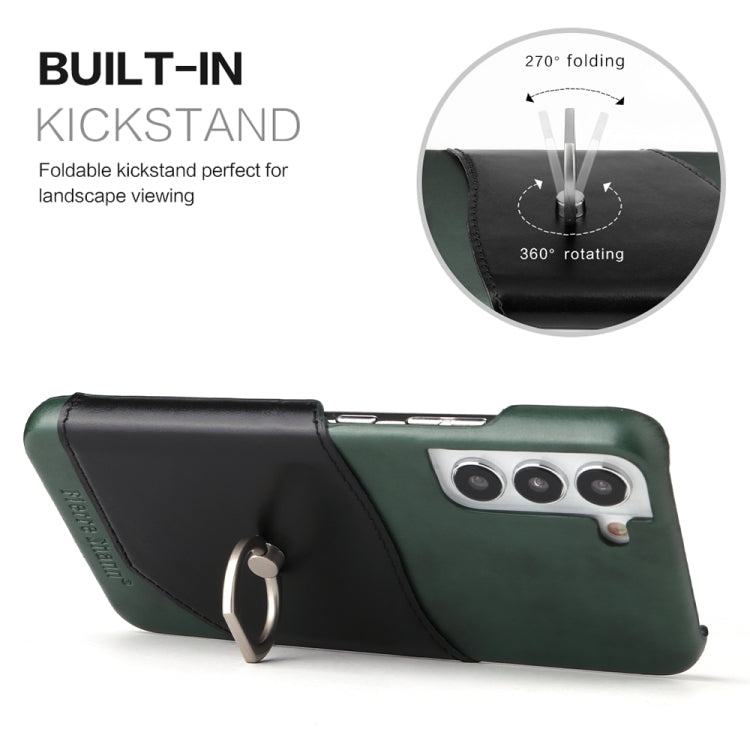 For Samsung Galaxy S22+ 5G Fierre Shann Oil Wax Texture Genuine Leather Back Phone Case with 360 Degree Rotation Holder & Card Slot(Black) - Galaxy S22+ 5G Cases by FIERRE SHANN | Online Shopping UK | buy2fix