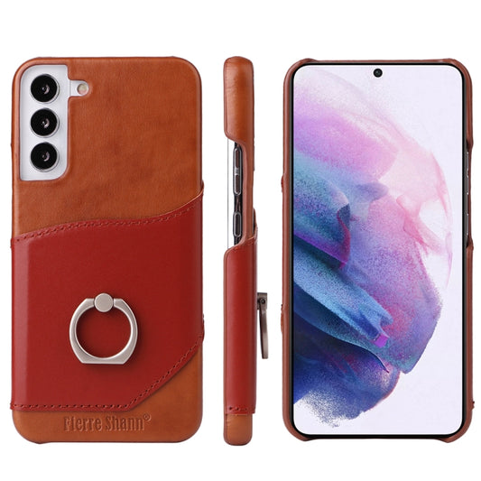 For Samsung Galaxy S22 5G Fierre Shann Oil Wax Texture Genuine Leather Back Phone Case with 360 Degree Rotation Holder & Card Slot(Brown) - Galaxy S22 5G Cases by FIERRE SHANN | Online Shopping UK | buy2fix