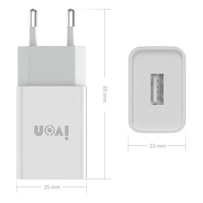 IVON AD-33 2 in 1 2.1A Single USB Port Travel Charger + 1m USB to Micro USB Data Cable Set, EU Plug(White) - USB Charger by IVON | Online Shopping UK | buy2fix