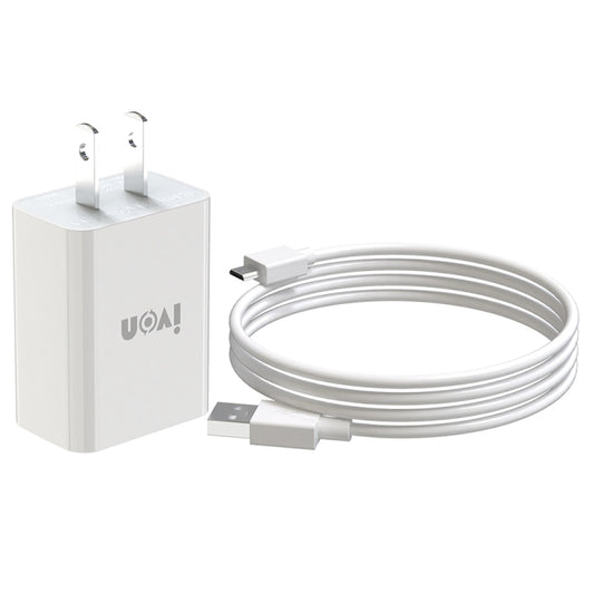 IVON AD-33 2 in 1 2.1A Single USB Port Travel Charger + 1m USB to Micro USB Data Cable Set, US Plug(White) - USB Charger by IVON | Online Shopping UK | buy2fix