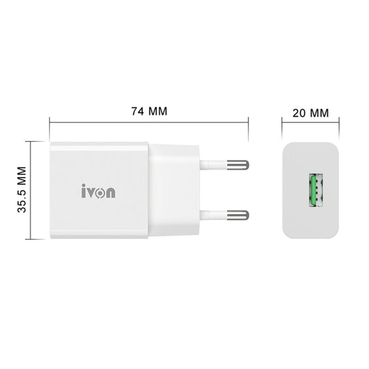 IVON AD-35 2 in 1 18W QC3.0 USB Port Travel Charger + 1m USB to USB-C / Type-C Data Cable Set, EU Plug(White) - USB Charger by IVON | Online Shopping UK | buy2fix