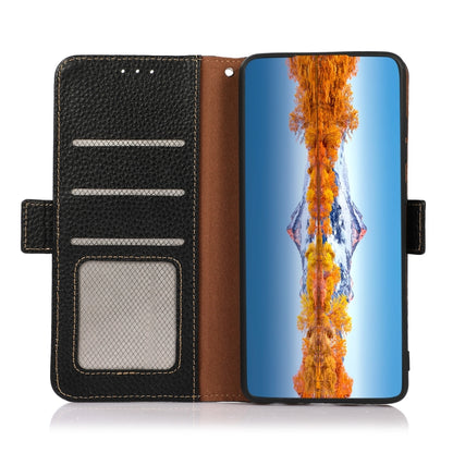For OnePlus Nord CE 2 5G KHAZNEH Side-Magnetic Litchi Genuine Leather RFID Phone Case(Black) - OnePlus Cases by buy2fix | Online Shopping UK | buy2fix