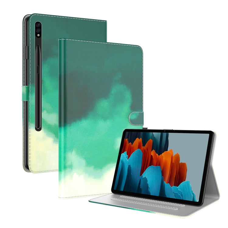 For Samsung Galaxy Tab S8+ / Tab S7+ Watercolor Pattern Flip Leather Tablet Case(Cyan Green) by buy2fix