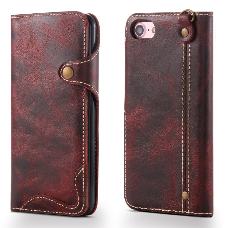 For iPhone 7 / 8 Denior Oil Wax Cowhide Magnetic Button Horizontal Flip Leather Case with Card Slots & Wallet(Dark Red) - More iPhone Cases by Denior | Online Shopping UK | buy2fix