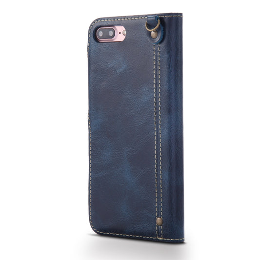 For iPhone 7 Plus / 8 Plus Denior Oil Wax Cowhide Magnetic Button Horizontal Flip Leather Case with Card Slots & Wallet(Dark Blue) - More iPhone Cases by Denior | Online Shopping UK | buy2fix