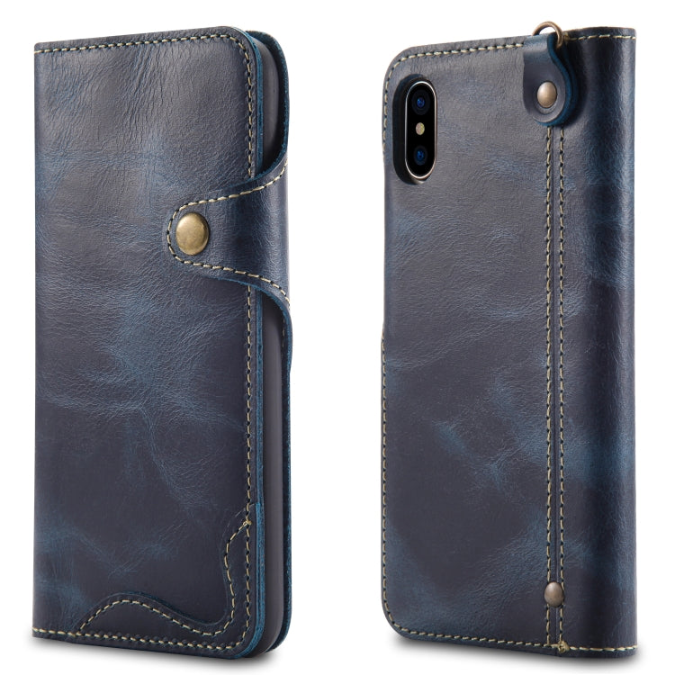 For iPhone X / XS Denior Oil Wax Cowhide Magnetic Button Horizontal Flip Leather Case with Card Slots & Wallet(Dark Blue) - More iPhone Cases by Denior | Online Shopping UK | buy2fix