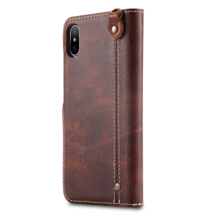 For iPhone X / XS Denior Oil Wax Cowhide Magnetic Button Horizontal Flip Leather Case with Card Slots & Wallet(Brown) - More iPhone Cases by Denior | Online Shopping UK | buy2fix
