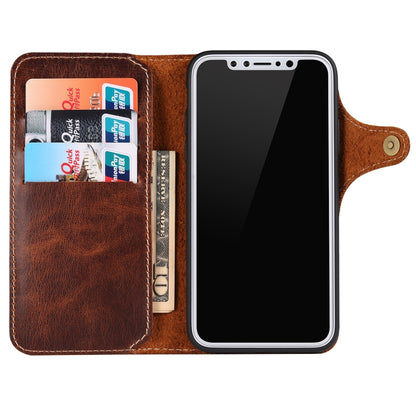 For iPhone X / XS Denior Oil Wax Cowhide Magnetic Button Horizontal Flip Leather Case with Card Slots & Wallet(Brown) - More iPhone Cases by Denior | Online Shopping UK | buy2fix