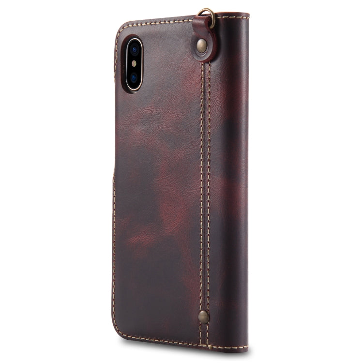 For iPhone X / XS Denior Oil Wax Cowhide Magnetic Button Horizontal Flip Leather Case with Card Slots & Wallet(Dark Red) - More iPhone Cases by Denior | Online Shopping UK | buy2fix