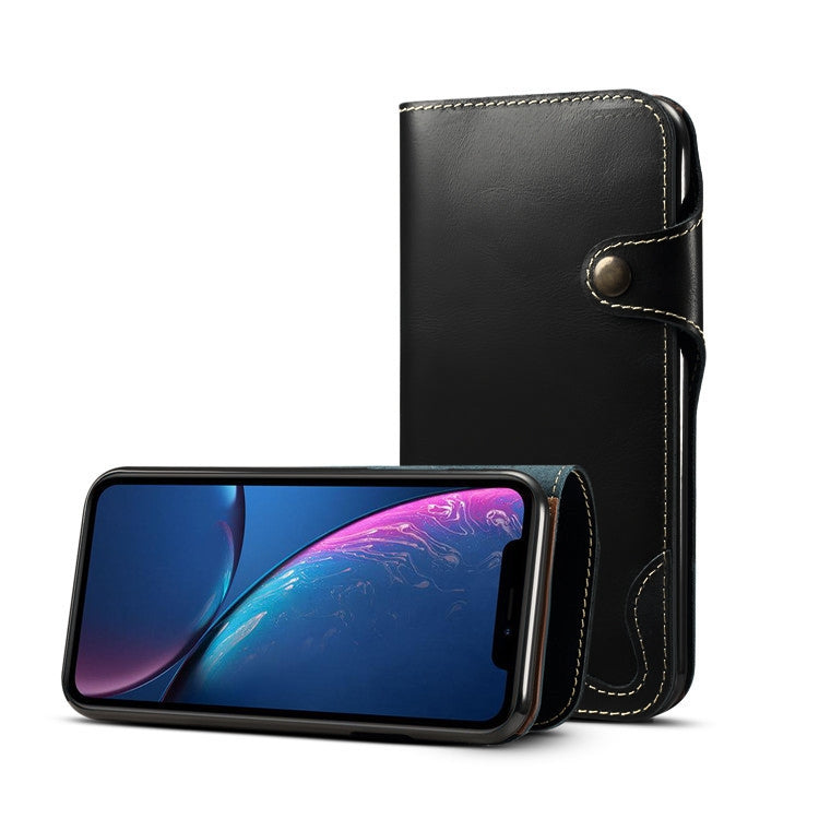 For iPhone XR Denior Oil Wax Cowhide Magnetic Button Horizontal Flip Leather Case with Card Slots & Wallet(Black) - More iPhone Cases by Denior | Online Shopping UK | buy2fix