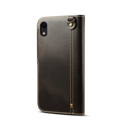 For iPhone XR Denior Oil Wax Cowhide Magnetic Button Horizontal Flip Leather Case with Card Slots & Wallet(Black) - More iPhone Cases by Denior | Online Shopping UK | buy2fix
