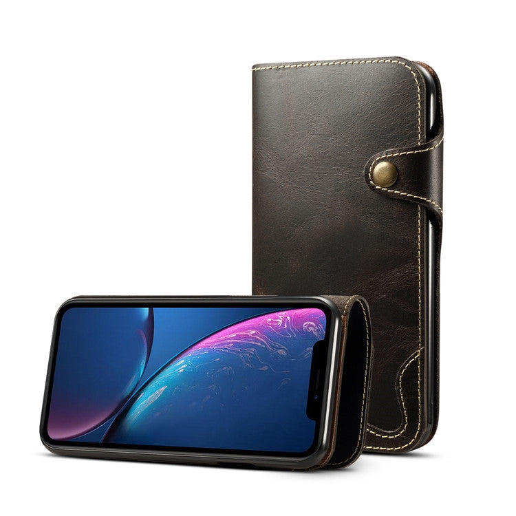 For iPhone XR Denior Oil Wax Cowhide Magnetic Button Horizontal Flip Leather Case with Card Slots & Wallet(Brown) - More iPhone Cases by Denior | Online Shopping UK | buy2fix