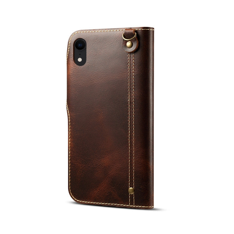 For iPhone XR Denior Oil Wax Cowhide Magnetic Button Horizontal Flip Leather Case with Card Slots & Wallet(Brown) - More iPhone Cases by Denior | Online Shopping UK | buy2fix