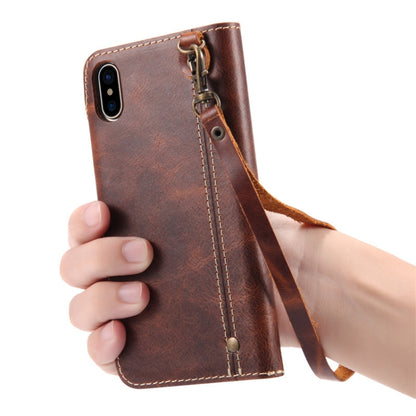 For iPhone XR Denior Oil Wax Cowhide Magnetic Button Horizontal Flip Leather Case with Card Slots & Wallet(Brown) - More iPhone Cases by Denior | Online Shopping UK | buy2fix