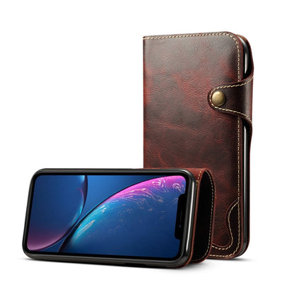 For iPhone XR Denior Oil Wax Cowhide Magnetic Button Horizontal Flip Leather Case with Card Slots & Wallet(Dark Red) - More iPhone Cases by Denior | Online Shopping UK | buy2fix