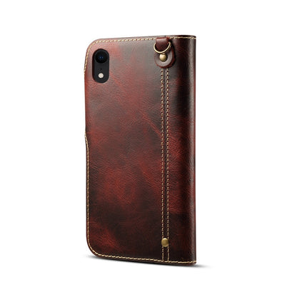 For iPhone XR Denior Oil Wax Cowhide Magnetic Button Horizontal Flip Leather Case with Card Slots & Wallet(Dark Red) - More iPhone Cases by Denior | Online Shopping UK | buy2fix