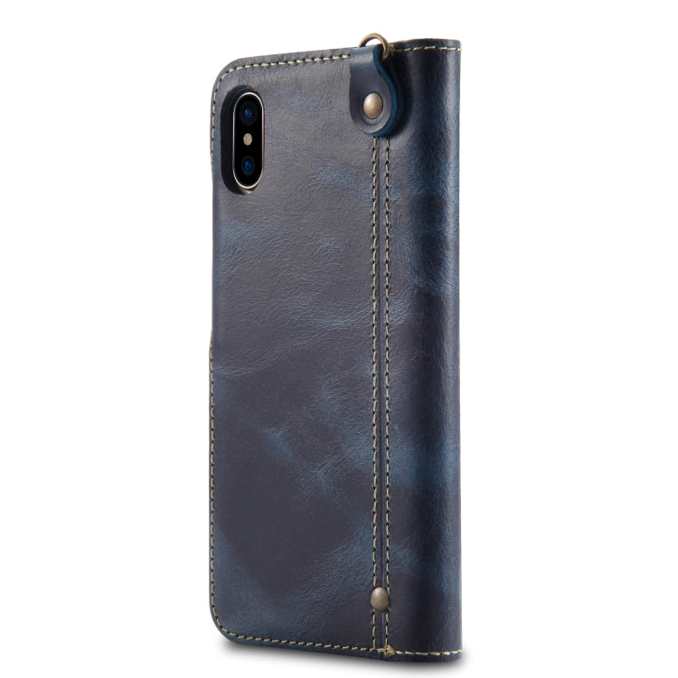 For iPhone XS Max Denior Oil Wax Cowhide Magnetic Button Horizontal Flip Leather Case with Card Slots & Wallet(Dark Blue) - More iPhone Cases by Denior | Online Shopping UK | buy2fix