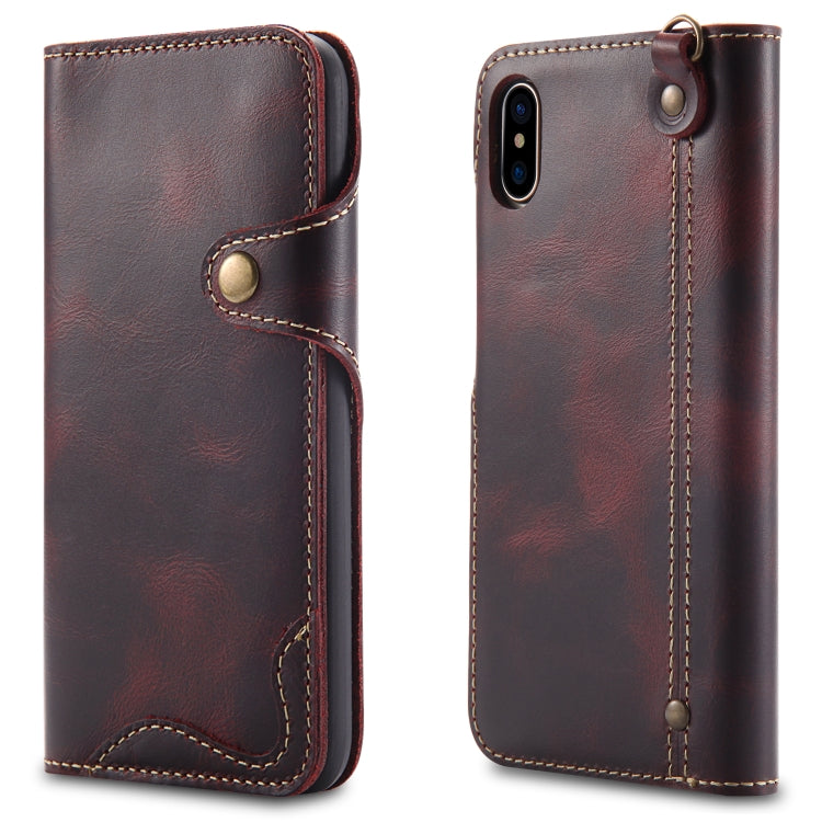 For iPhone XS Max Denior Oil Wax Cowhide Magnetic Button Horizontal Flip Leather Case with Card Slots & Wallet(Dark Red) - More iPhone Cases by Denior | Online Shopping UK | buy2fix