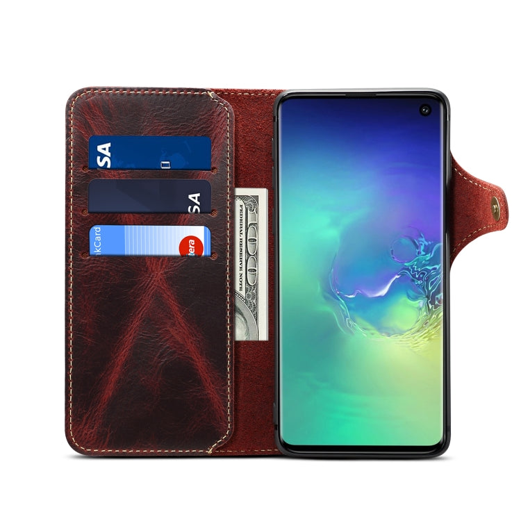 For Galaxy S10e Denior Oil Wax Cowhide Magnetic Button Horizontal Flip Leather Case with Card Slots & Wallet(Dark Red) - Galaxy Phone Cases by Denior | Online Shopping UK | buy2fix