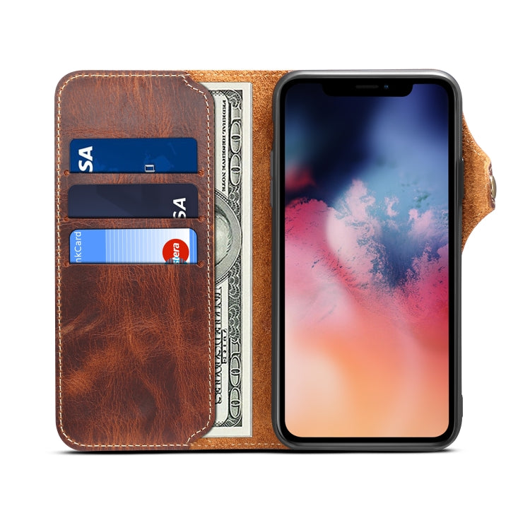 For iPhone 11 Pro Denior Oil Wax Cowhide Magnetic Button Horizontal Flip Leather Case with Card Slots & Wallet(Brown) - iPhone 11 Pro Cases by Denior | Online Shopping UK | buy2fix