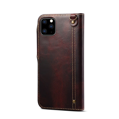 For iPhone 11 Pro Denior Oil Wax Cowhide Magnetic Button Horizontal Flip Leather Case with Card Slots & Wallet(Dark Red) - iPhone 11 Pro Cases by Denior | Online Shopping UK | buy2fix