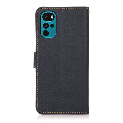 For Motorola Moto G22 KHAZNEH Custer Genuine Leather RFID Phone Case(Blue) - Motorola Cases by buy2fix | Online Shopping UK | buy2fix