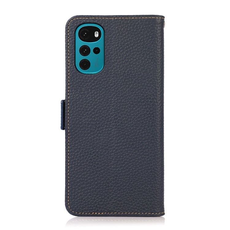 For Motorola Moto G22 KHAZNEH Side-Magnetic Litchi Genuine Leather RFID Phone Case(Blue) - Motorola Cases by buy2fix | Online Shopping UK | buy2fix
