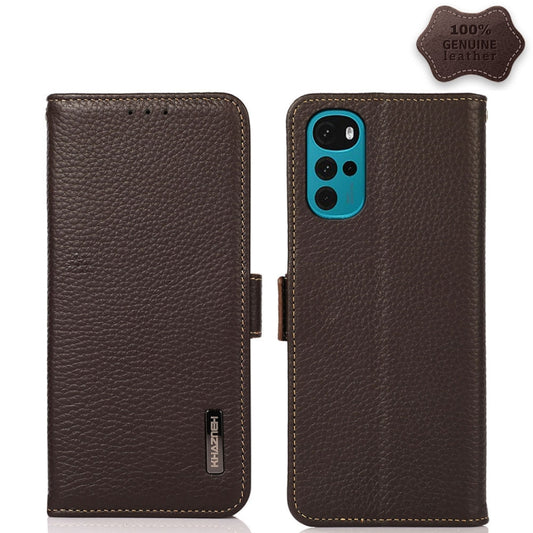 For Motorola Moto G22 KHAZNEH Side-Magnetic Litchi Genuine Leather RFID Phone Case(Brown) - Motorola Cases by buy2fix | Online Shopping UK | buy2fix