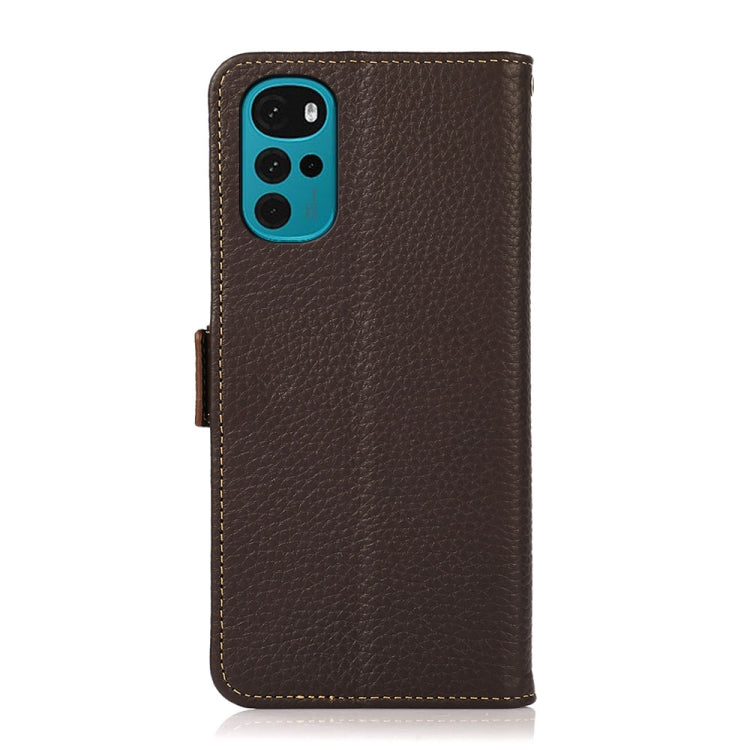 For Motorola Moto G22 KHAZNEH Side-Magnetic Litchi Genuine Leather RFID Phone Case(Brown) - Motorola Cases by buy2fix | Online Shopping UK | buy2fix