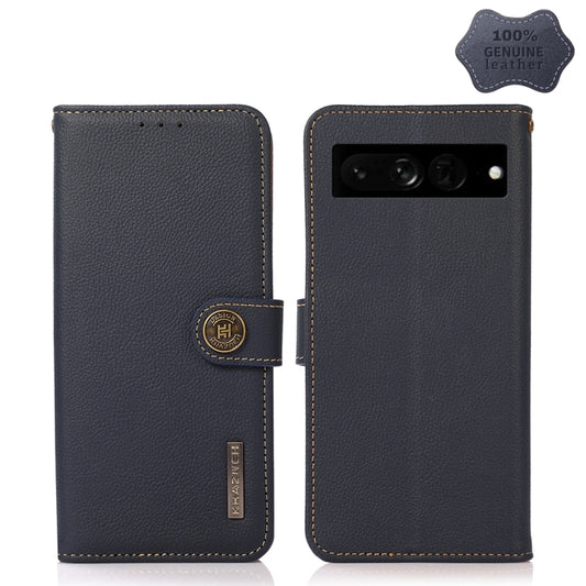 For Google Pixel 7 Pro 5G KHAZNEH Custer Genuine Leather RFID Phone Case(Blue) - Google Cases by buy2fix | Online Shopping UK | buy2fix