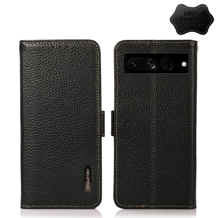 For Google Pixel 7 Pro 5G KHAZNEH Side-Magnetic Litchi Genuine Leather RFID Phone Case(Black) - Google Cases by buy2fix | Online Shopping UK | buy2fix