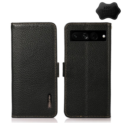 For Google Pixel 7 Pro 5G KHAZNEH Side-Magnetic Litchi Genuine Leather RFID Phone Case(Black) - Google Cases by buy2fix | Online Shopping UK | buy2fix