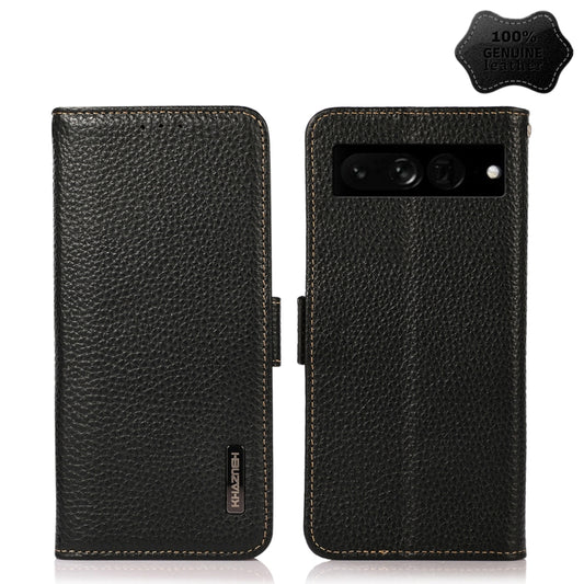 For Google Pixel 7 Pro 5G KHAZNEH Side-Magnetic Litchi Genuine Leather RFID Phone Case(Black) - Google Cases by buy2fix | Online Shopping UK | buy2fix