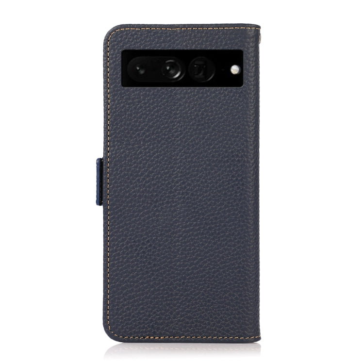 For Google Pixel 7 Pro 5G KHAZNEH Side-Magnetic Litchi Genuine Leather RFID Phone Case(Blue) - Google Cases by buy2fix | Online Shopping UK | buy2fix