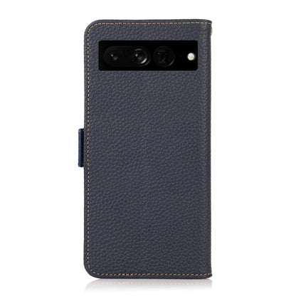 For Google Pixel 7 Pro 5G KHAZNEH Side-Magnetic Litchi Genuine Leather RFID Phone Case(Blue) - Google Cases by buy2fix | Online Shopping UK | buy2fix