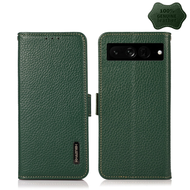 For Google Pixel 7 Pro 5G KHAZNEH Side-Magnetic Litchi Genuine Leather RFID Phone Case(Green) - Google Cases by buy2fix | Online Shopping UK | buy2fix
