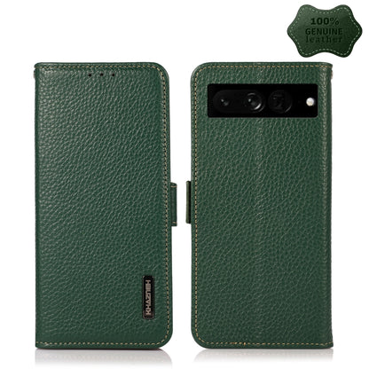 For Google Pixel 7 Pro 5G KHAZNEH Side-Magnetic Litchi Genuine Leather RFID Phone Case(Green) - Google Cases by buy2fix | Online Shopping UK | buy2fix