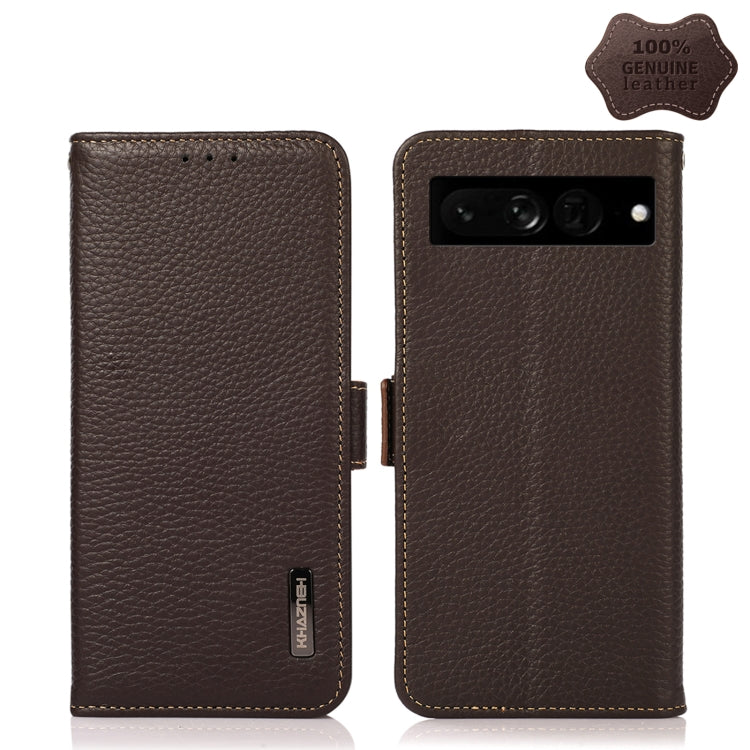 For Google Pixel 7 Pro 5G KHAZNEH Side-Magnetic Litchi Genuine Leather RFID Phone Case(Brown) - Google Cases by buy2fix | Online Shopping UK | buy2fix
