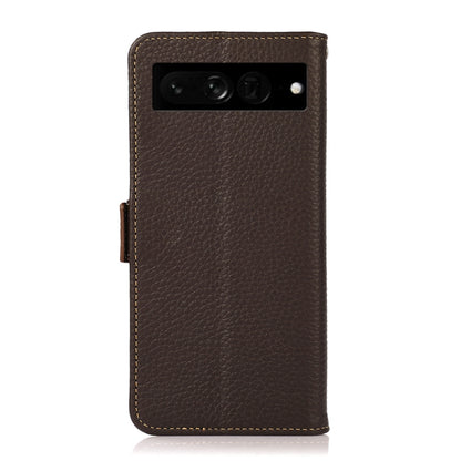 For Google Pixel 7 Pro 5G KHAZNEH Side-Magnetic Litchi Genuine Leather RFID Phone Case(Brown) - Google Cases by buy2fix | Online Shopping UK | buy2fix