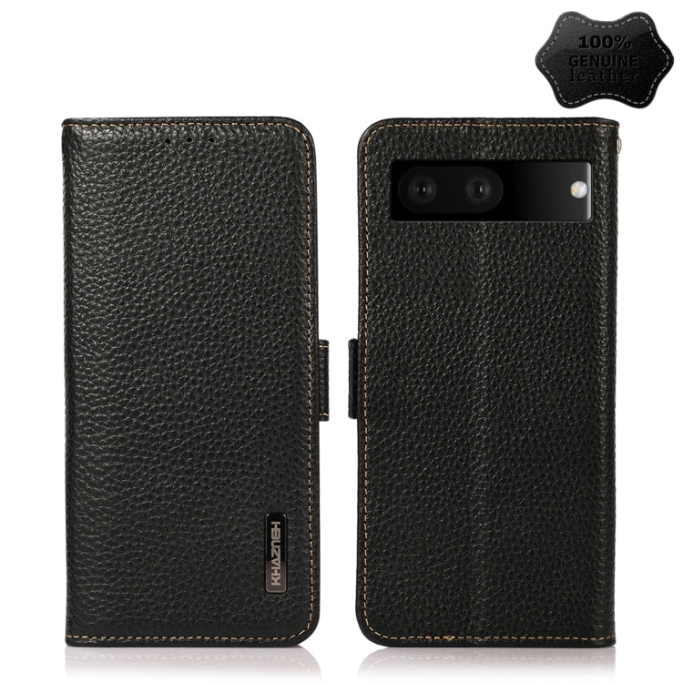 For Google Pixel 7 5G KHAZNEH Side-Magnetic Litchi Genuine Leather RFID Phone Case(Black) - Google Cases by buy2fix | Online Shopping UK | buy2fix
