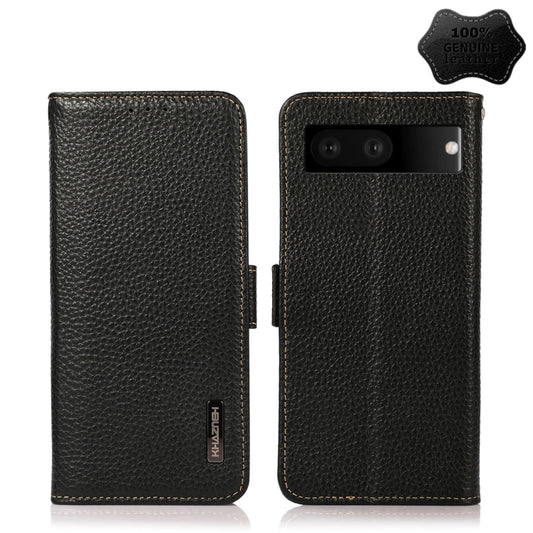For Google Pixel 7 5G KHAZNEH Side-Magnetic Litchi Genuine Leather RFID Phone Case(Black) - Google Cases by buy2fix | Online Shopping UK | buy2fix